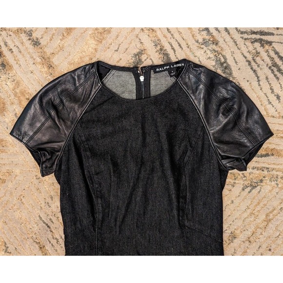Ralph Lauren Black Label Denim Lamb Leather Trim Cocktail Sheath Dress Size 2/4 - Picture 3 of 8